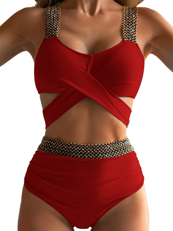 Women’s bikini two-piece tight swimsuit sexy cross backless bikini - Red / S