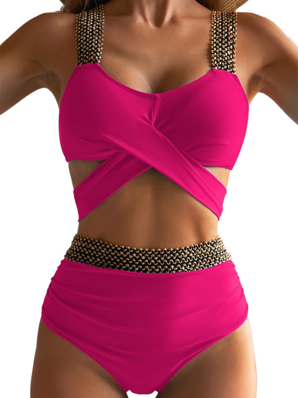 Women’s bikini two-piece tight swimsuit sexy cross backless bikini - Rose / S