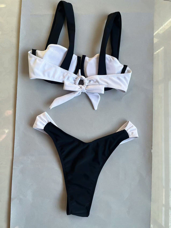 Women’s black and white color matching beach strap suspender sexy two piece bikini