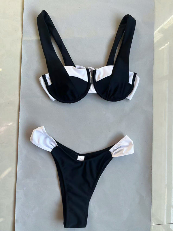 Women’s black and white color matching beach strap suspender sexy two piece bikini