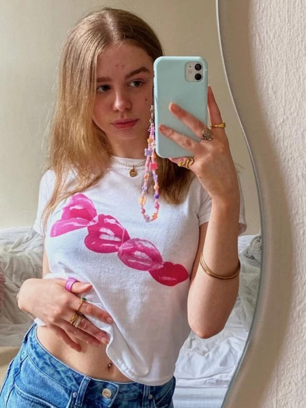 Women’s Black Round Neck Printed Short Sleeve T-Shirt Cropped Navel Top - White / S