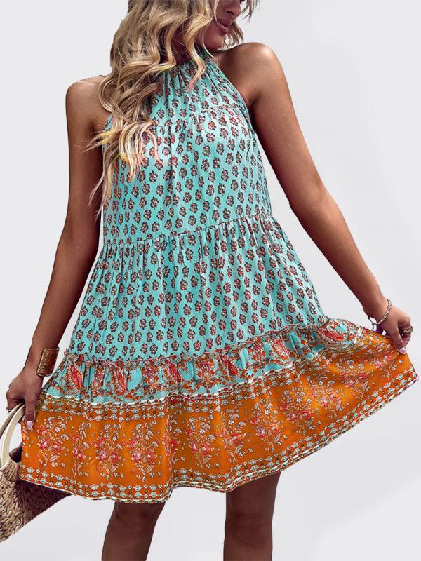 Women's bohemian print holiday halterneck dress - Closther