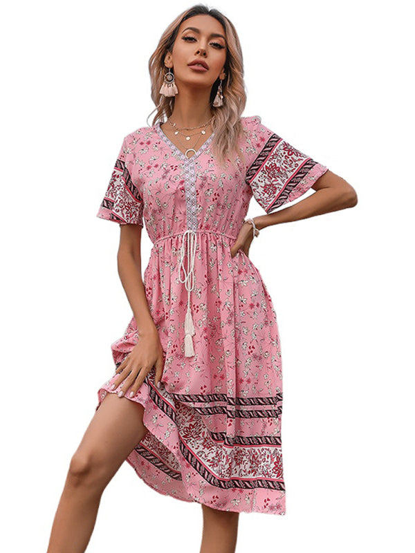 Women’s Bohemian Short Sleeve V-Neck Floral Dress
