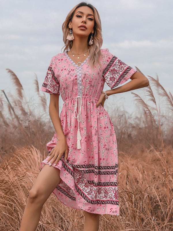 Women’s Bohemian Short Sleeve V-Neck Floral Dress - Pink / S