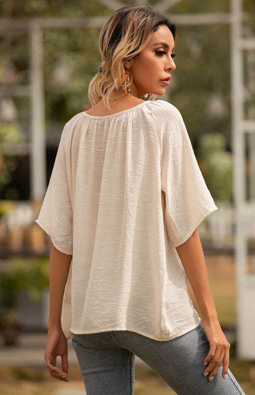 Woman’s beige square neck loose short sleeve blouse displayed in the product Women’s Button Square Neck Shirt Top