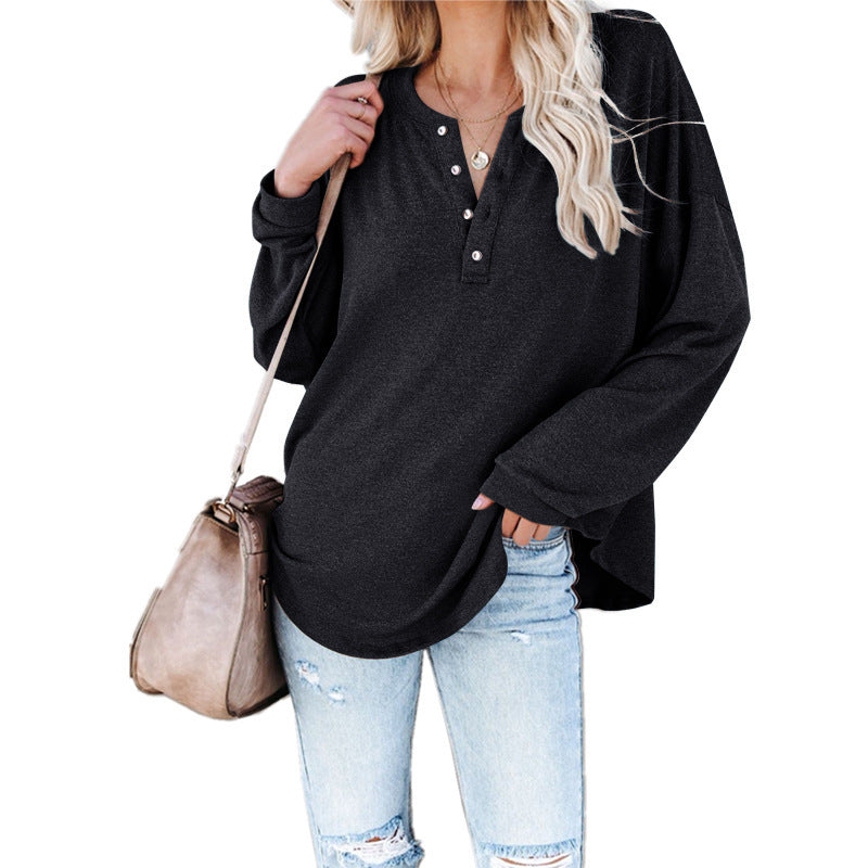 Women’s Button V Neck Long Sleeve Knitted Top - Black / S