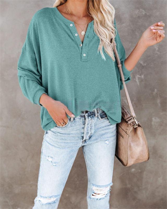 Women’s Button V Neck Long Sleeve Knitted Top - Blue / S