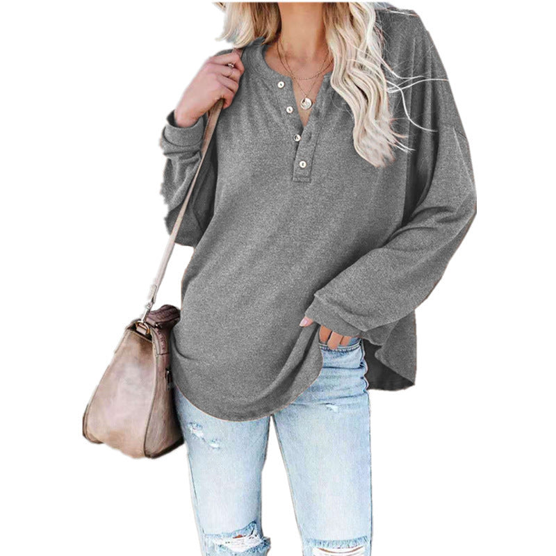 Women’s Button V Neck Long Sleeve Knitted Top - Grey / S