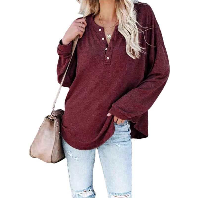 Women’s Button V Neck Long Sleeve Knitted Top - Wine Red / S