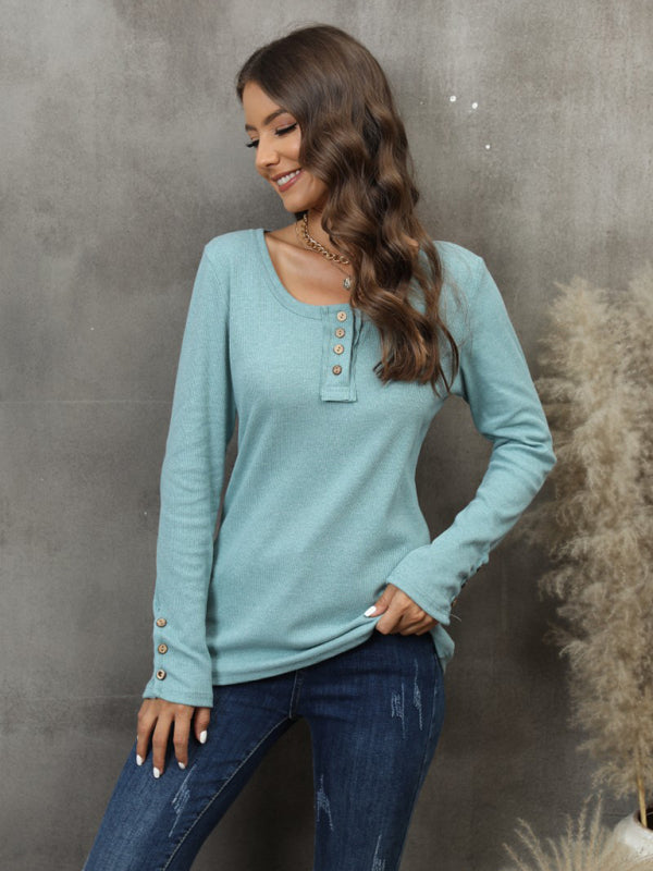 Women’s Button Vest Color V-Neck Long Sleeve T-Shirt Top