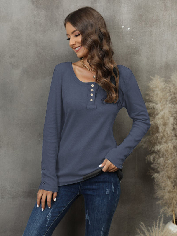 Women’s Button Vest Color V-Neck Long Sleeve T-Shirt Top