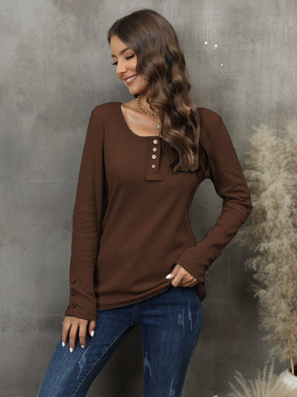 Women’s Button Vest Color V-Neck Long Sleeve T-Shirt Top