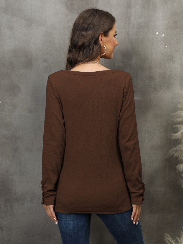 Women’s Button Vest Color V-Neck Long Sleeve T-Shirt Top
