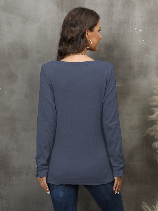 Women’s Button Vest Color V-Neck Long Sleeve T-Shirt Top