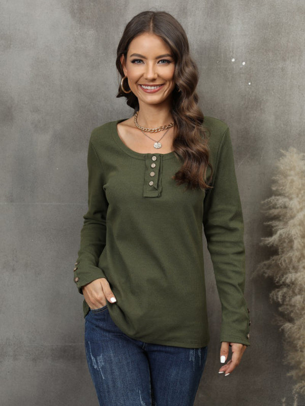 Women’s Button Vest Color V-Neck Long Sleeve T-Shirt Top