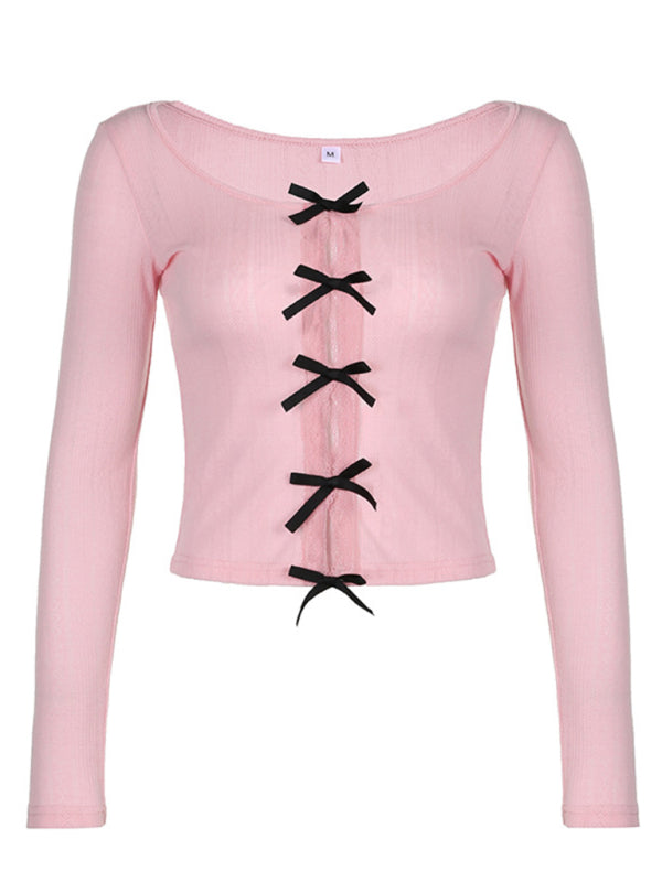 Women’s casual bow lace hollow slim long-sleeved top