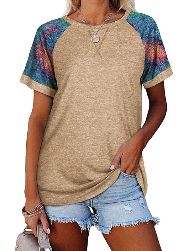Women’s Casual Camouflage Printed Mosaic Round Neck Short Sleeve T-Shirt - Khaki / S