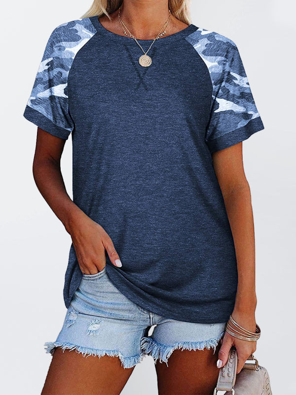 Women’s Casual Camouflage Printed Mosaic Round Neck Short Sleeve T-Shirt - Blue / S