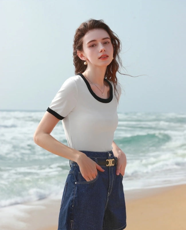 Women’s Casual Color Block Short Sleeve T-Shirt - White / S