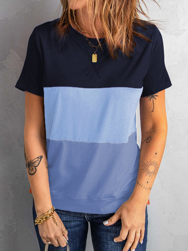 Women’s Casual Colorblock Short Sleeve Round Neck T-Shirt - Black / S