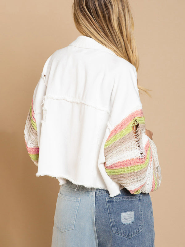 Women’s casual fashion denim rainbow long-sleeved splicing jacket
