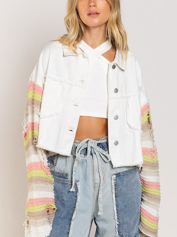 Women’s casual fashion denim rainbow long-sleeved splicing jacket - White / S