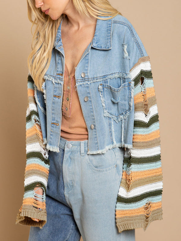Women’s casual fashion denim rainbow long-sleeved splicing jacket - Denim Blue / XL