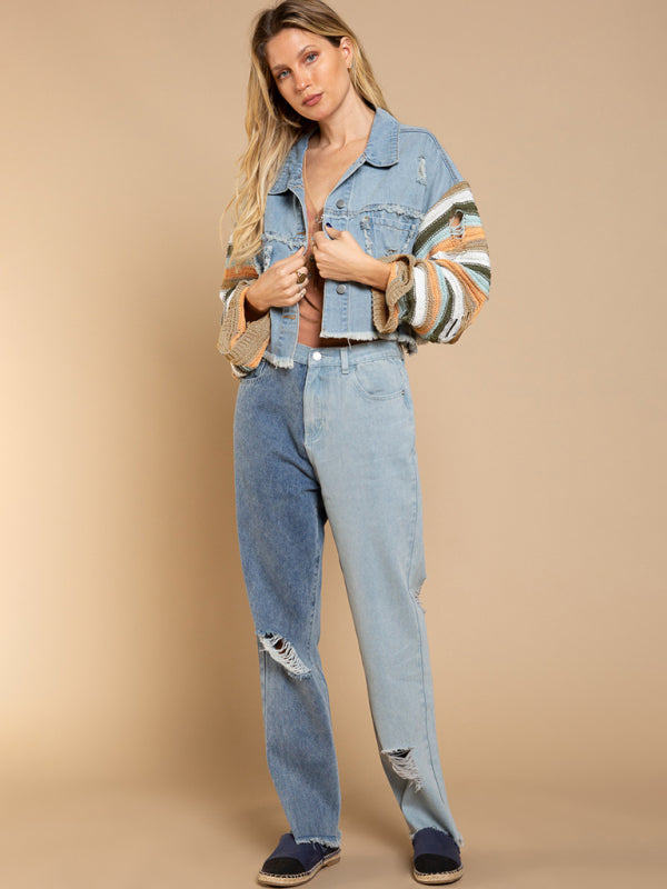 Women’s casual fashion denim rainbow long-sleeved splicing jacket