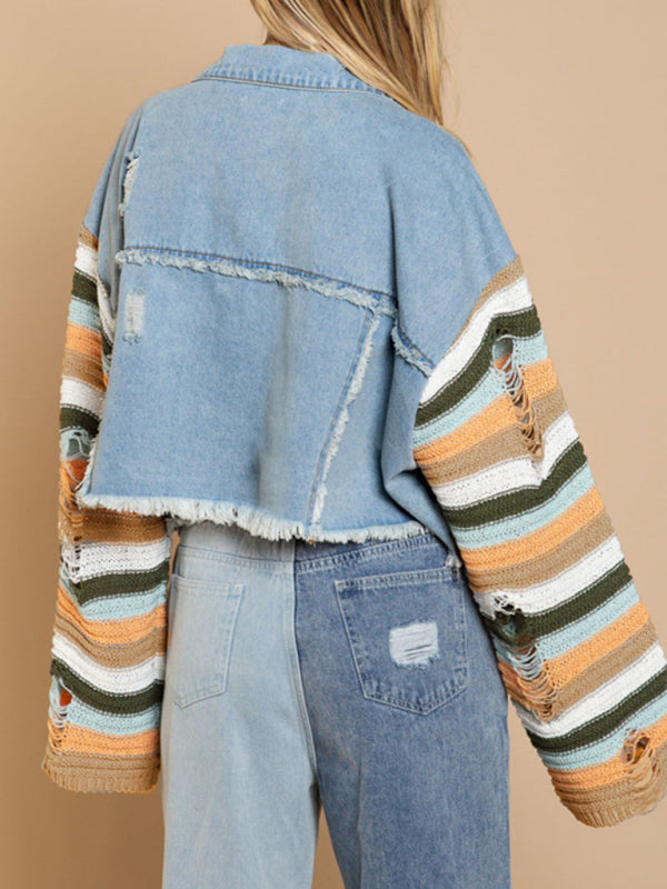 Women’s casual fashion denim rainbow long-sleeved splicing jacket