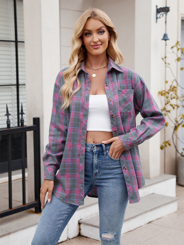 Women’s casual fashion hot girl loose plaid shirt - Pinkpurple / S