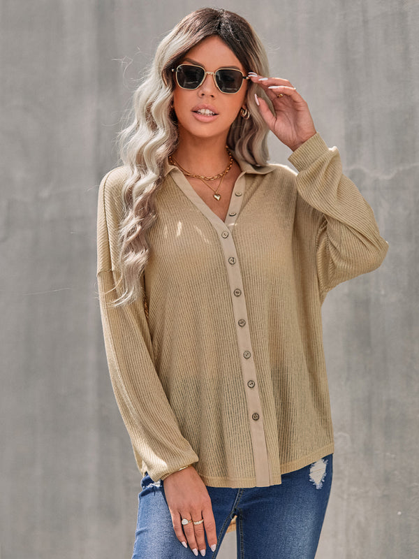 Women’s casual knitting thin loose shirt top - Khaki / XL
