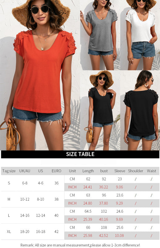 Women’s Casual Lace Stitched V-Neck Pullover Short Sleeve Tops