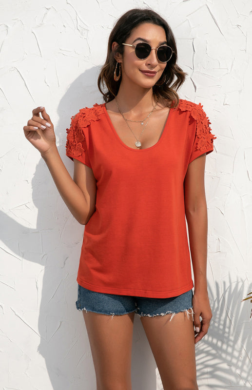 Women’s Casual Lace Stitched V-Neck Pullover Short Sleeve Tops
