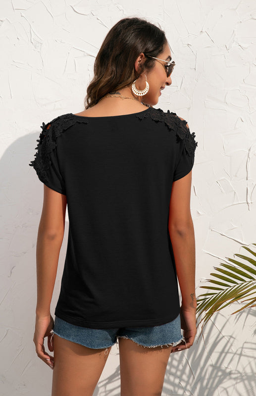 Women’s Casual Lace Stitched V-Neck Pullover Short Sleeve Tops