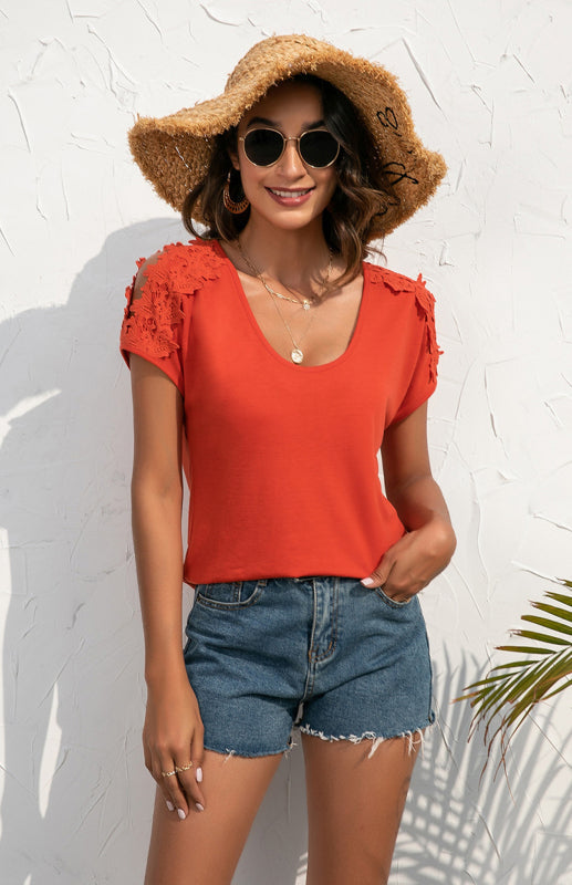 Women’s Casual Lace Stitched V-Neck Pullover Short Sleeve Tops