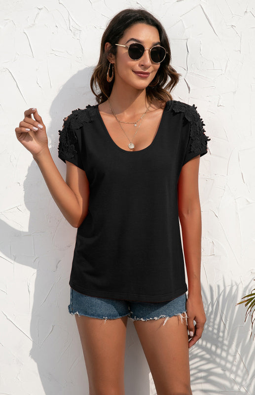 Women’s Casual Lace Stitched V-Neck Pullover Short Sleeve Tops - Black / S