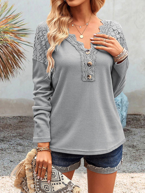 Women’s casual lace V-neck buttoned knit top