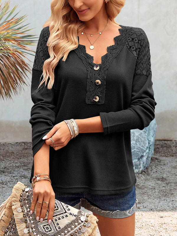Women’s casual lace V-neck buttoned knit top