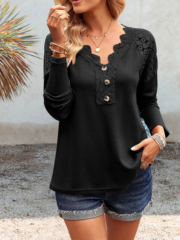 Women’s casual lace V-neck buttoned knit top - Black / S
