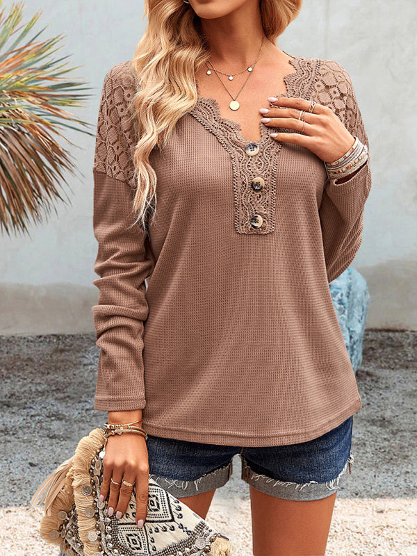 Women’s casual lace V-neck buttoned knit top - Brown / S