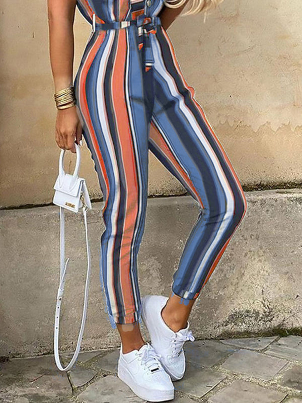 Women’s Casual Lapel Buttoned Belt Cargo Jumpsuit