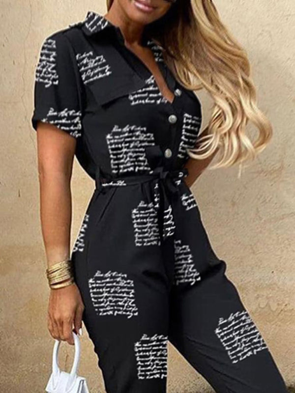 Women’s Casual Lapel Buttoned Belt Cargo Jumpsuit