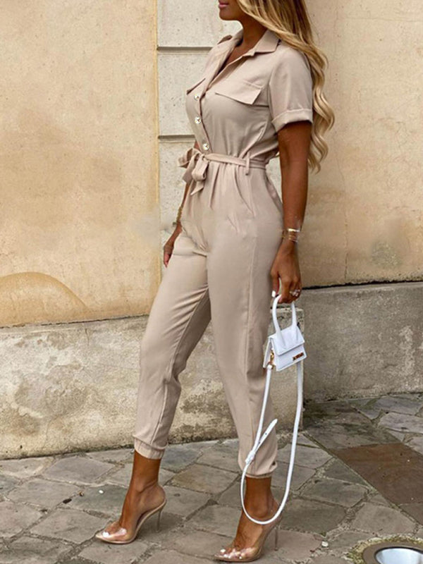 Women’s Casual Lapel Buttoned Belt Cargo Jumpsuit