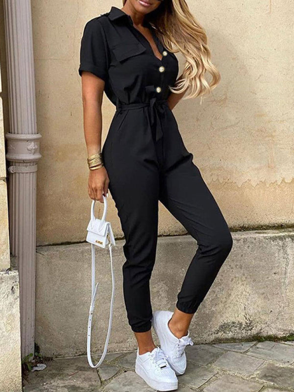 Women’s Casual Lapel Buttoned Belt Cargo Jumpsuit