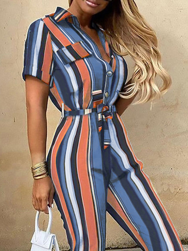 Women’s Casual Lapel Buttoned Belt Cargo Jumpsuit