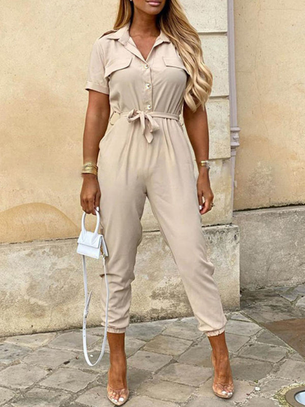 Women’s Casual Lapel Buttoned Belt Cargo Jumpsuit - Khaki / S