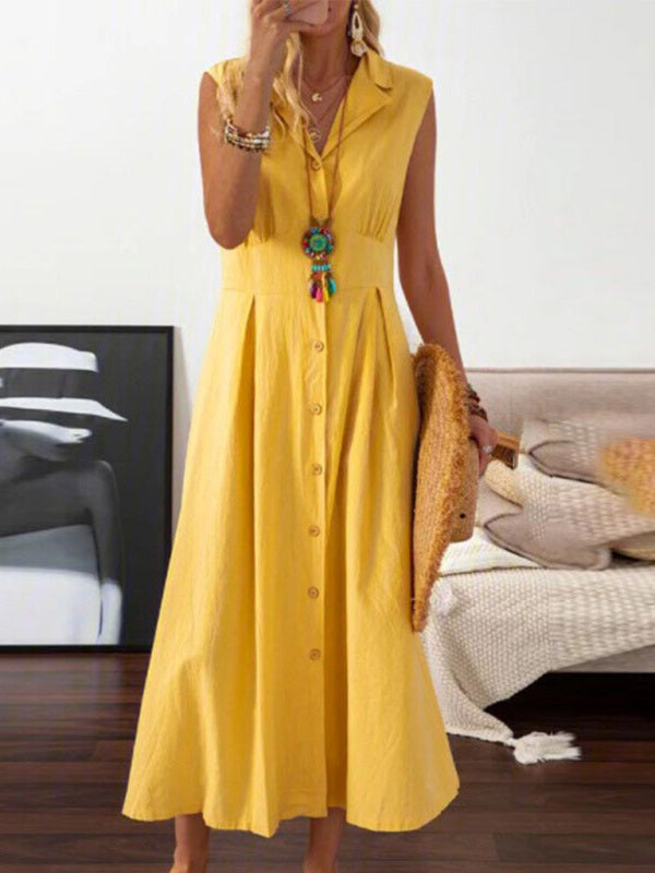 Women’s casual lapel collar sleeveless cotton and linen mid-length dress - Yellow / S
