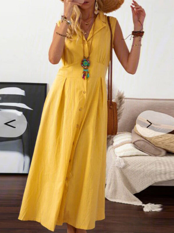 Women’s casual lapel collar sleeveless cotton and linen mid-length dress