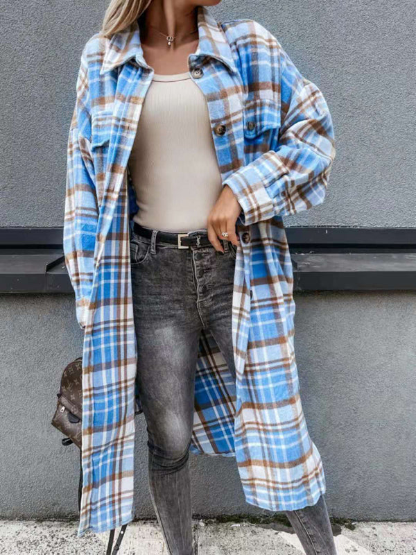 women’s casual long plaid shirt jacket - Blue / S