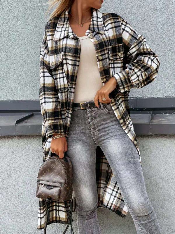 women’s casual long plaid shirt jacket - Coffee / S